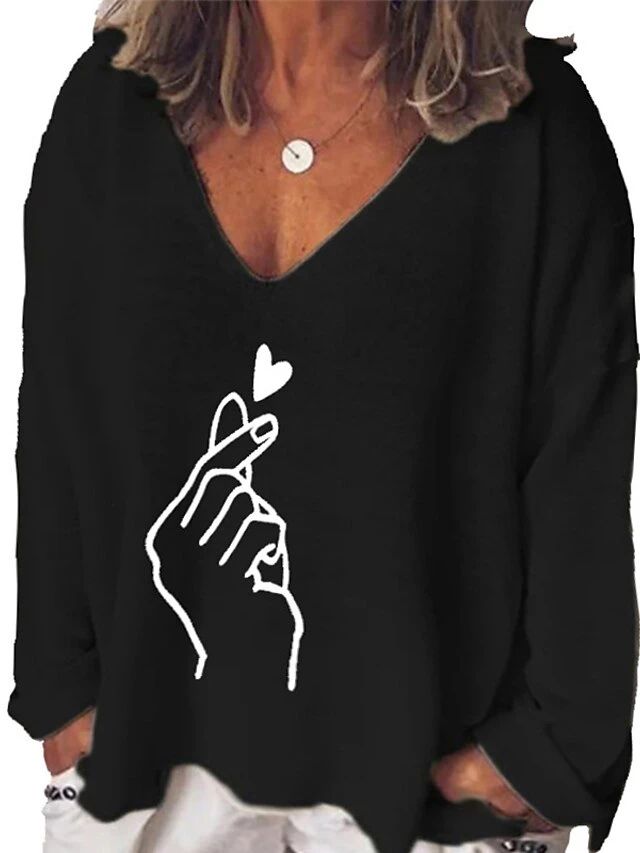 Women's Plus Size T Shirt Tee Black White Blue Graphic Print Long Sleeve Daily Going Out Weekend Streetwear Preppy V Neck Regular Fit Fall Winter Fall & Winter 2 Women's Plus Size T Shirt Tee Black White Blue Graphic Print Long Sleeve Daily Going Out Weekend Streetwear Preppy V Neck Regular Fit Fall Winter Fall & Winter - Image 2