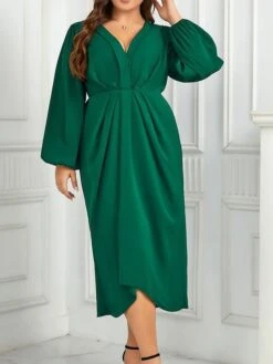 Women's Plus Size Curve Casual Dress A Line Dress Plain Midi Dress Long Sleeve Ruched V Neck Fashion Outdoor Green Fall Winter XL XXL 3XL 4XL