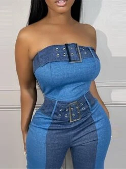 Women‘s Jumpsuit Backless Denim Patchwork Color Block Strapless Streetwear Street Club Regular Fit Sleeveless Blue S M L Summer -Cheap Plus Fit Dress Store ruwrxe1692269094253