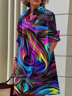 Women's Shirt Dress Casual Dress Midi Dress Outdoor Office Daily Polyester Fashion Modern Shirt Collar Button Pocket Long Sleeve Fall Winter 2023 Loose Fit Yellow Blue Purple Leopard Geometric Color -Cheap Plus Fit Dress Store ruwybn1693386627935