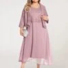 Women‘s Plus Size Curve Dress Set Solid Color Crew Neck Half Sleeve Spring Fall Elegant Maxi Long Dress Formal Party Dress