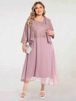 Women‘s Plus Size Curve Dress Set Solid Color Crew Neck Half Sleeve Spring Fall Elegant Maxi Long Dress Formal Party Dress