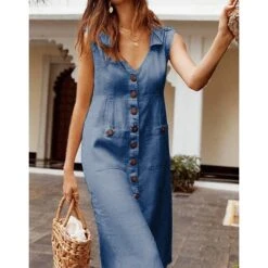 Women's Cotton Linen Dress Casual Dress Maxi Long Dress Cotton And Linen Casual Daily Vacation V Neck Button Pocket Sleeveless Summer Spring 2023 Regular Fit Black Red Blue Pure Color S M L XL XXL -Cheap Plus Fit Dress Store rvbjhv1621949039454