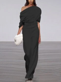 Women's Jumpsuit Solid Color Formal Party Office Straight Regular Fit Half Sleeve Raglan Sleeves Black White S M L Fall