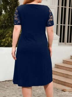 Women's Plus Size Curve Party Dress Lace Dress Semi Formal Dress Solid Color Midi Dress Short Sleeve Lace Crew Neck Fashion Party ArmyGreen Black Fall Winter XL XXL 3XL 4XL -Cheap Plus Fit Dress Store rvgtul1695813612135