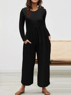 Women's Jumpsuit Pocket High Waist Solid Color Crew Neck Streetwear Street Daily Regular Fit Long Sleeve Black Yellow Red S M L Fall -Cheap Plus Fit Dress Store rvpeze1692269101674