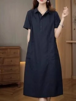 Women's Casual Dress Cotton Linen Dress Midi Dress Polyester Casual Daily Casual Outdoor Home Holiday Shirt Collar Pocket Short Sleeve Summer Spring 2023 Loose Fit Navy Blue Purple Brown Plain M L XL 26 Women's Casual Dress Cotton Linen Dress Midi Dress Polyester Casual Daily Casual Outdoor Home Holiday Shirt Collar Pocket Short Sleeve Summer Spring 2023 Loose Fit Navy Blue Purple Brown Plain M L XL -Cheap Plus Fit Dress Store rvuktj1689763766069