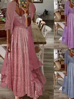 Women's Two Piece Dress Set Loose Dress Party Outdoor Fashion Streetwear Ruched Maxi Dress V Neck Half Sleeve Plain Loose Fit Red Sky Blue Purple Summer Spring S M L XL XXL