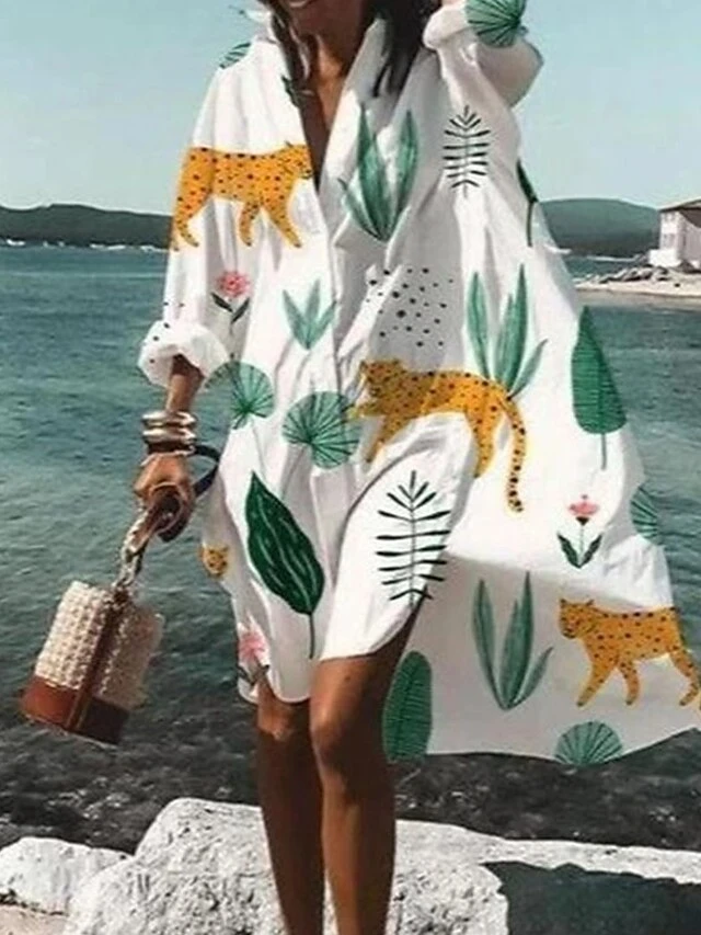 Women's Shirt Dress Sundress Midi Dress Winter Dress Daily Holiday Polyester Casual Mature Shirt Collar Button Split Long Sleeve Summer Spring Fall 2023 Loose Fit White Purple Green Animal Floral 2 Women's Shirt Dress Sundress Midi Dress Winter Dress Daily Holiday Polyester Casual Mature Shirt Collar Button Split Long Sleeve Summer Spring Fall 2023 Loose Fit White Purple Green Animal Floral - Image 2