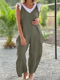 Women's Jumpsuit Pocket Solid Color V Neck Streetwear Street Daily Regular Fit Strap Army Green S M L Summer