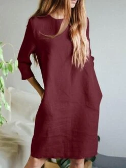 Women's Casual Dress Cotton Linen Dress Shift Dress Midi Dress Linen / Cotton Blend Basic Classic Outdoor Daily Vacation Crew Neck Basic 3/4 Length Sleeve Summer Spring Fall 2023 Loose Fit Red Blue