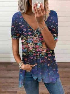 Women's T Shirt Tee Blue Purple Orange Floral Quarter Zip Print Short Sleeve Casual Holiday Basic V Neck Regular Fit Floral Sleeveless -Cheap Plus Fit Dress Store rwqjlf1681281373002