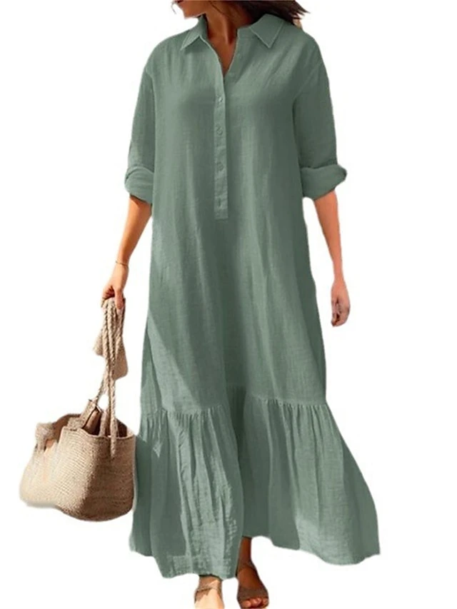 Women's Casual Dress Cotton Dress Swing Dress Maxi Long Dress Cotton Basic Classic Outdoor Daily Vacation Shirt Collar Ruched Button Long Sleeve Spring Fall Winter 2023 Loose Fit Blue Green Khaki 5 Women's Casual Dress Cotton Dress Swing Dress Maxi Long Dress Cotton Basic Classic Outdoor Daily Vacation Shirt Collar Ruched Button Long Sleeve Spring Fall Winter 2023 Loose Fit Blue Green Khaki - Image 5