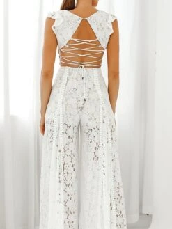 Women's Jumpsuit Lace Ruffle Solid Color V Neck Party Wedding Dressy Street Daily Wide Leg Regular Fit Sleeveless Apricot XS S M Summer -Cheap Plus Fit Dress Store rxdrtw1690449257512