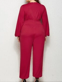 Women's Jumpsuit Pocket Solid Color V Neck Streetwear Daily Vacation Regular Fit Long Sleeve Red Royal Blue XXL 3XL 4XL Fall -Cheap Plus Fit Dress Store rxparn1675240209645