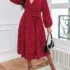 Women's Plus Size Party Dress Wedding Guest Dress Red Dress Midi Dress Red Long Sleeve Polka Dot With Belt Spring Fall Winter V Neck Fashion Winter Dress Evening Party Wedding Guest 2023 XL XXL 3XL