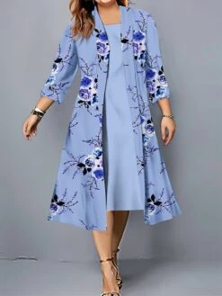 Women's Plus Size Two Piece Dress Set Casual Dress Swing Dress Outdoor Office Fashion Streetwear Print Midi Dress Crew Neck 3/4 Length Sleeve Floral Regular Fit Pink Blue Khaki Fall Winter L XL XXL -Cheap Plus Fit Dress Store rxwlqs1696907471598