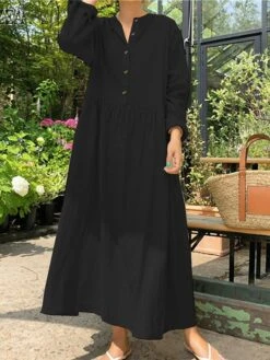 Women's Casual Dress Cotton Linen Dress Swing Dress Maxi Long Dress Linen Basic Classic Outdoor Daily Vacation V Neck Ruched Button Long Sleeve Summer Spring Fall 2023 Loose Fit Black Wine Apricot 11 Women's Casual Dress Cotton Linen Dress Swing Dress Maxi Long Dress Linen Basic Classic Outdoor Daily Vacation V Neck Ruched Button Long Sleeve Summer Spring Fall 2023 Loose Fit Black Wine Apricot -Cheap Plus Fit Dress Store rxyoqm1690268465406