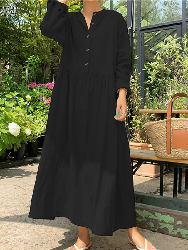 Women's Casual Dress Cotton Linen Dress Swing Dress Maxi Long Dress Linen Basic Classic Outdoor Daily Vacation V Neck Ruched Button Long Sleeve Summer Spring Fall 2023 Loose Fit Black Wine Apricot 4 Women's Casual Dress Cotton Linen Dress Swing Dress Maxi Long Dress Linen Basic Classic Outdoor Daily Vacation V Neck Ruched Button Long Sleeve Summer Spring Fall 2023 Loose Fit Black Wine Apricot - Image 4