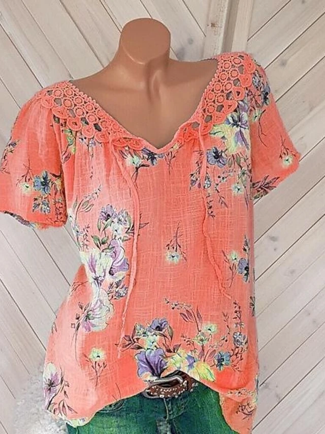 Women's Shirt Blouse White Pink Blue Floral Lace Up Print Short Sleeve Casual Holiday Basic V Neck Regular Fit Floral 2 Women's Shirt Blouse White Pink Blue Floral Lace Up Print Short Sleeve Casual Holiday Basic V Neck Regular Fit Floral - Image 2