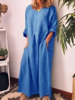 Women's Casual Dress Cotton Linen Dress Black Dress Maxi Long Dress Linen / Cotton Blend Fashion Daily Outdoor Daily Vacation Crew Neck Button Pocket 3/4 Length Sleeve Fall Autumn 2023 Loose Fit -Cheap Plus Fit Dress Store rygdap1693202317891
