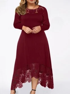 Women‘s Plus Size Curve Party Dress Lace Dress Cocktail Dress Midi Dress Black Wine Blue Long Sleeve Pure Color Lace Summer Spring Fall Crew Neck Fashion Winter Dress Birthday Wedding Guest 2023 -Cheap Plus Fit Dress Store ryogrb1690875117141