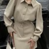 Women's Shirt Dress Work Dress Bodycon Mini Dress Outdoor Business Date Polyester Fashion Modern Shirt Collar Button Pocket Long Sleeve Fall Winter 2023 Regular Fit Khaki Pure Color S M L