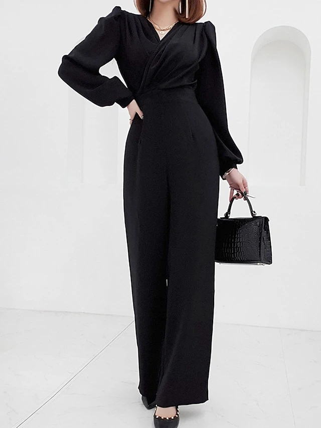 Women's Jumpsuit Patchwork Solid Color V Neck Streetwear Office Work Wide Leg Regular Fit Long Sleeve Black Khaki S M L Fall 4 Women's Jumpsuit Patchwork Solid Color V Neck Streetwear Office Work Wide Leg Regular Fit Long Sleeve Black Khaki S M L Fall - Image 4