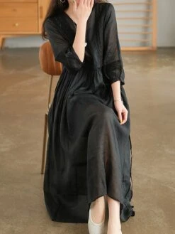 Women's Casual Dress Cotton Linen Dress Swing Dress Midi Dress Cotton Blend Basic Casual Outdoor Daily V Neck Ruched 3/4 Length Sleeve Summer Spring 2023 Loose Fit Black White Yellow Pure Color M L -Cheap Plus Fit Dress Store rzlzib1677135409616