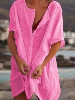 Women's Casual Dress Shirt Dress Cotton Linen Dress Mini Dress Blue Purple Pink Short Sleeve Pure Color Spring Summer V Neck Beach Basic Daily Weekend Loose Fit Linen S M L XL XXL 3XL -Cheap Plus Fit Dress Store saamwq1639988514542