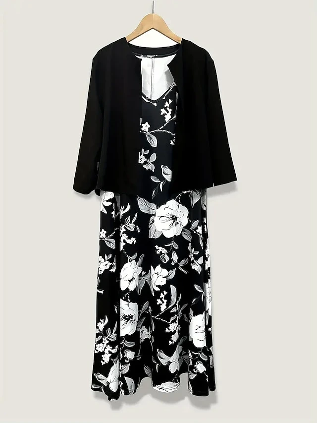 Women's Two Piece Dress Set Casual Dress Chiffon Dress Outdoor Daily Fashion Elegant Print Midi Dress V Neck Half Sleeve Floral Regular Fit Black Pink Gray Summer Spring S M L XL XXL 8 Women's Two Piece Dress Set Casual Dress Chiffon Dress Outdoor Daily Fashion Elegant Print Midi Dress V Neck Half Sleeve Floral Regular Fit Black Pink Gray Summer Spring S M L XL XXL - Image 8