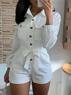 Women's Romper Button Shirt Collar Streetwear Street Regular Fit White S M L Summer
