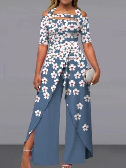 Women's Jumpsuit Maillard Print Floral Off Shoulder Elegant Party Wide Leg Regular Fit Short Sleeve Pink Navy Blue Royal Blue S M L Summer Fall -Cheap Plus Fit Dress Store sbcruc1685017517729