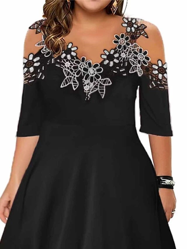 Women‘s Plus Size Curve Party Dress Lace Dress Swing Dress Leaf Long Dress Maxi Dress Half Sleeve Lace Patchwork Spaghetti Strap Fashion Party Black Summer Spring L XL XXL 3XL 4XL 2 Women‘s Plus Size Curve Party Dress Lace Dress Swing Dress Leaf Long Dress Maxi Dress Half Sleeve Lace Patchwork Spaghetti Strap Fashion Party Black Summer Spring L XL XXL 3XL 4XL - Image 2