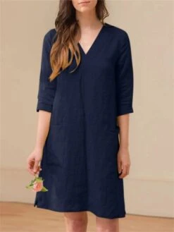 Women's Casual Dress Cotton Linen Dress A Line Dress Midi Dress Cotton Blend Basic Casual Outdoor Daily V Neck Pocket 3/4 Length Sleeve Summer Spring Fall 2023 Loose Fit ArmyGreen Navy Blue Orange -Cheap Plus Fit Dress Store sbimkz1675929174750
