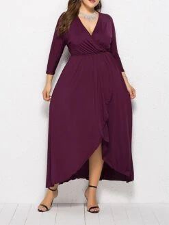 Women's Plus Size Work Dress Black Dress A Line Dress Fashion Long Dress Maxi Dress Ruched V Neck Long Sleeve Plain Loose Fit Black Wine Dark Green Fall XL XXL 3XL 4XL -Cheap Plus Fit Dress Store sbncow1693203502142