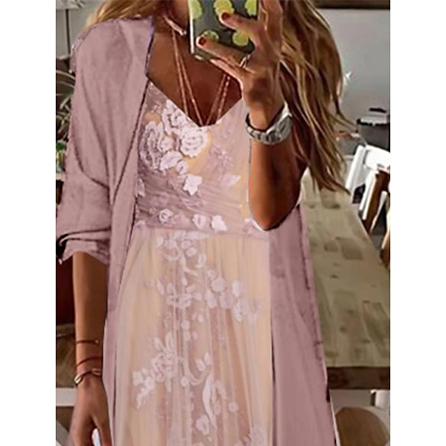 Women's Two Piece Dress Set Casual Dress Lace Dress Outdoor Daily Fashion Elegant Lace Ruffle Long Dress Maxi Dress V Neck 3/4 Length Sleeve Floral Plain Loose Fit Pink Light Purple Summer Spring S M 3 Women's Two Piece Dress Set Casual Dress Lace Dress Outdoor Daily Fashion Elegant Lace Ruffle Long Dress Maxi Dress V Neck 3/4 Length Sleeve Floral Plain Loose Fit Pink Light Purple Summer Spring S M - Image 3