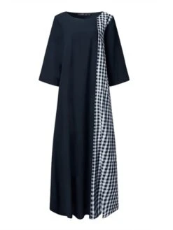 Women's Casual Dress Cotton Linen Dress A Line Dress Maxi Long Dress Cotton Blend Casual Outdoor Daily Crew Neck Print 3/4 Length Sleeve Summer Spring 2023 Loose Fit Black Red Navy Blue Plaid M L XL -Cheap Plus Fit Dress Store sckdxx1672903677844