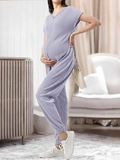 Women's Jumpsuit Button Pocket Solid Color V Neck Streetwear Street Daily Regular Fit Short Sleeve Gray S M L Fall