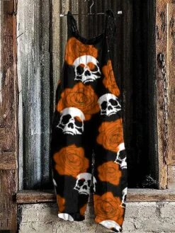 Women's Jumpsuit Halloween Print Print Crew Neck Holiday Party Going Out Straight Loose Fit Strap Black Red Orange S M L All Seasons -Cheap Plus Fit Dress Store scmuur1691133976167