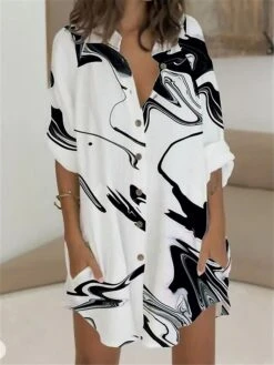 Women's Shirt Dress Casual Dress Shift Dress Mini Dress Outdoor Daily Vacation Polyester Fashion Casual Stand Collar Button Pocket Long Sleeve Summer Spring Fall 2023 Regular Fit White Blue Floral