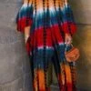 Women's Jumpsuit Pocket Print Tie Dye Off Shoulder Streetwear Street Daily Regular Fit Long Sleeve Red S M L Summer