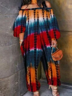 Women's Jumpsuit Pocket Print Tie Dye Off Shoulder Streetwear Street Daily Regular Fit Long Sleeve Red S M L Summer