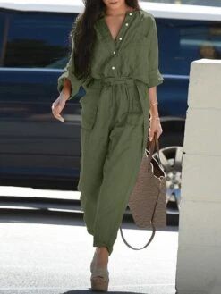 Women's Jumpsuits Utility Casual Summer Pocket Solid Color Shirt Collar Streetwear Street Going Out Regular Fit Long Sleeve Green Black Pink S M L Spring Fall