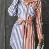Women's Shirt Dress Casual Dress Mini Dress Outdoor Daily Polyester Fashion Modern Shirt Collar Lace Up Button Long Sleeve Summer Spring Fall 2023 Loose Fit Blue Striped S M L XL 2XL