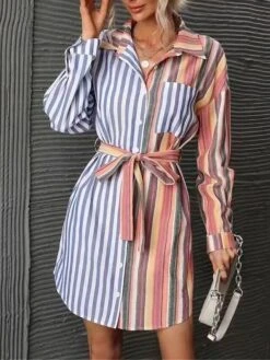 Women's Shirt Dress Casual Dress Mini Dress Outdoor Daily Polyester Fashion Modern Shirt Collar Lace Up Button Long Sleeve Summer Spring Fall 2023 Loose Fit Blue Striped S M L XL 2XL