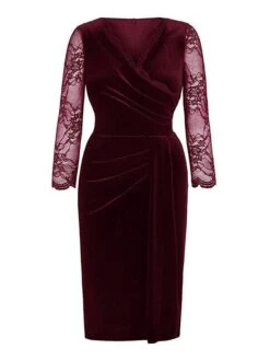 Women's Plus Size Curve Party Dress Velvet Dress Work Dress Plain Midi Dress 3/4 Length Sleeve Lace Ruched V Neck Fashion Party Black Wine Fall Winter XL XXL 3XL 4XL -Cheap Plus Fit Dress Store seqkts1696567800990
