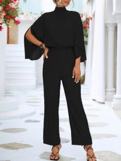 Black Jumpsuit For Women Split High Waist Solid Color Stand Collar Streetwear Daily Vacation Regular Fit 3/4 Length Sleeve Black Green S M L SummerFall Cold Weather -Cheap Plus Fit Dress Store sesbsf1675826714860