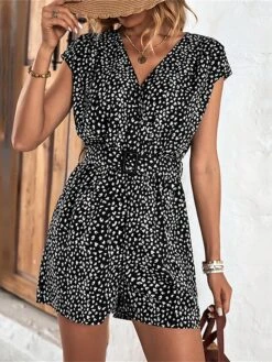 Women's Romper Print Polka Dot V Neck Casual Daily Vacation Regular Fit Short Sleeve Black S M L Summer