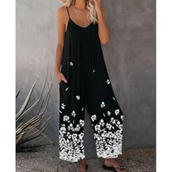 Women's Jumpsuit Floral Deep U Casual Holiday Weekend Straight Regular Fit Spaghetti Strap Black S M L Spring